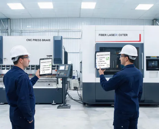 Maintenance team checking fabrication equipment