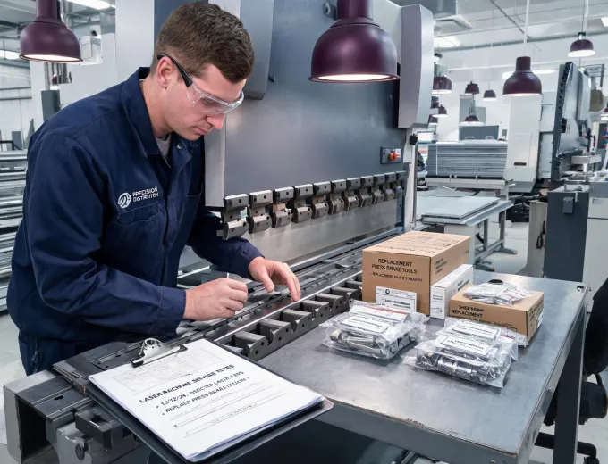 Distributor technician checking Amada press brake tooling